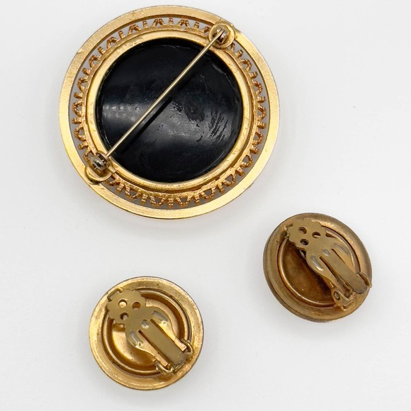Vintage Hematite Cameo Intaglio Brooch And Clip On Earrings Set W German Style - Picture 7 of 13
